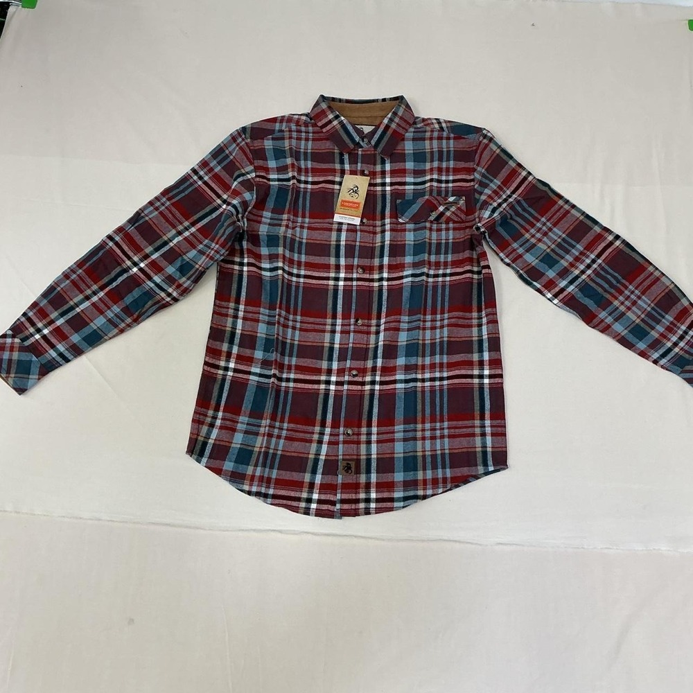 Red, blue, and white plaid button-up flannel shirt